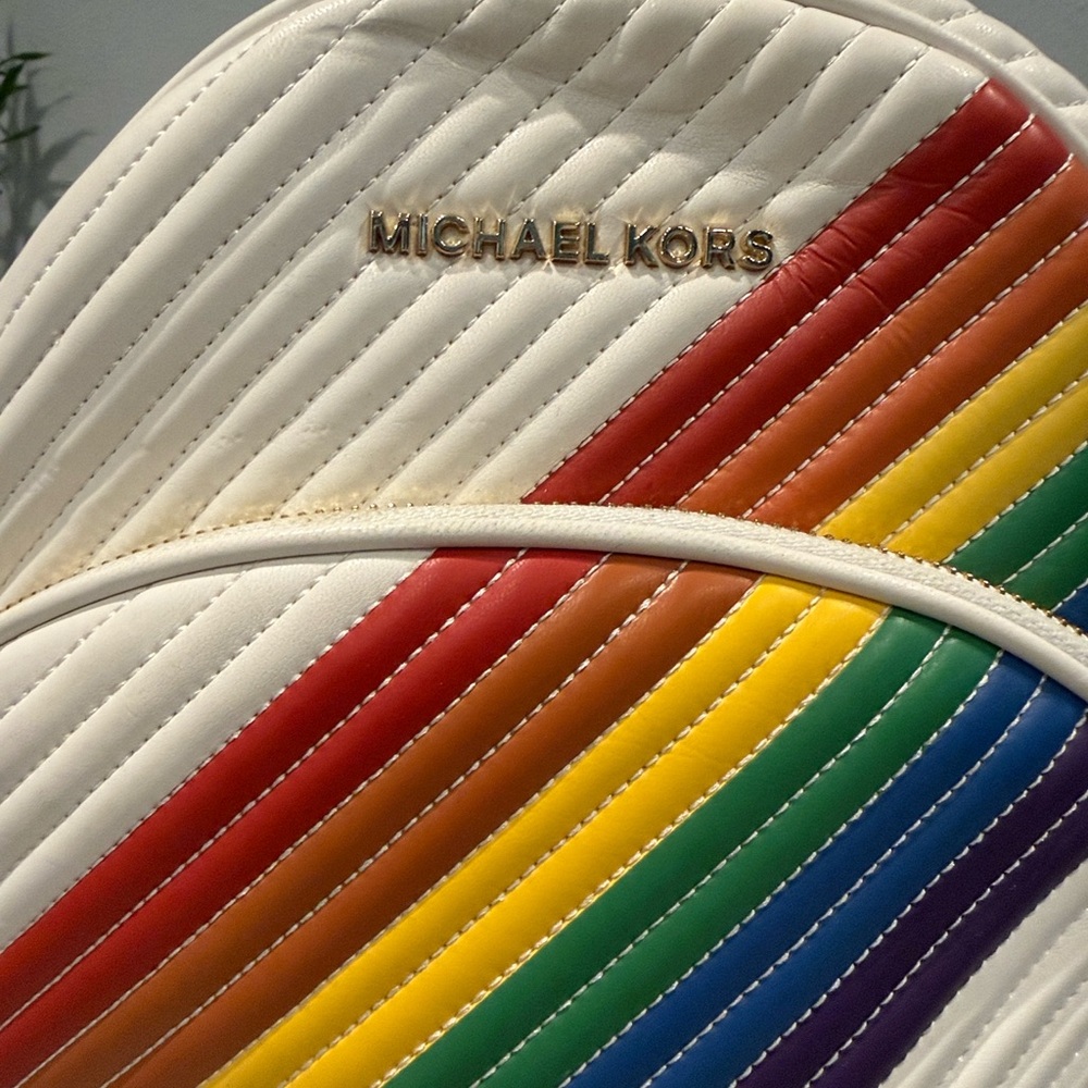 Michael Kors White Quilted Mini Backpack with Rainbow Stripe - Picture 2 of 3
